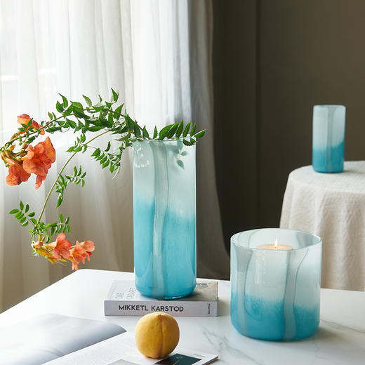 现代简约直筒渐变竖条纹梦幻蓝色玻璃花瓶北欧台面鲜花餐桌装饰品 商品图3