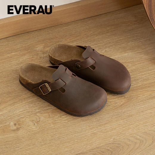 EVERAU疯马牛皮特殊质感高级复古经典半包头女士拖鞋EA7058 商品图2