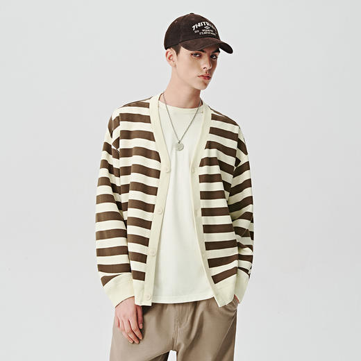 714street条纹V领针织开衫男2024秋冬季新款宽松外套休闲长袖上衣 商品图3