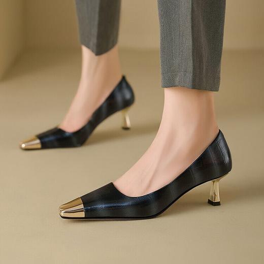 【预售5天】2024新款欧美头层鳄鱼肚头层羊皮性感金属包头气质时尚单鞋QSNX&A663 商品图0