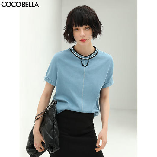 COCOBELLA撞色提花圆领纯棉链条T恤女时尚休闲短袖上衣TS108 商品图0