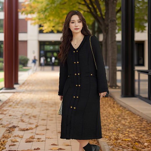 9/9奢姿大码女装2024秋季气质V领小香风裙子胖妹妹双排扣时尚连衣裙9943891327 商品图0