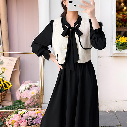 9/9奢姿大码女装2024秋季蝴蝶结绑带V领假两件裙子胖妹妹时尚连衣裙9943891324 商品图4