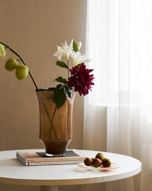 中古风黑边创意褶皱手工大口咖色瓷粉琉璃花瓶玄关居家台面样板房 商品图3