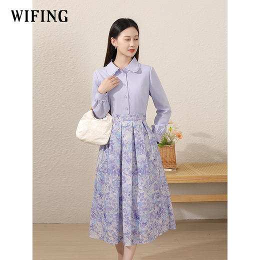 未风紫色纯棉碎花连衣裙春季新款法式淑女高腰显瘦减龄裙子 商品图2