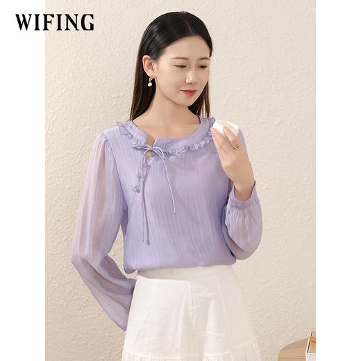 未风紫色天丝衬衫女2024年新款女装秋季女士上衣气质百搭长袖小衫 商品图0