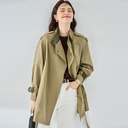 24秋新不易皱绒感拼皮通勤休闲帅气垂顺立领短款风衣外套女23067 商品图0