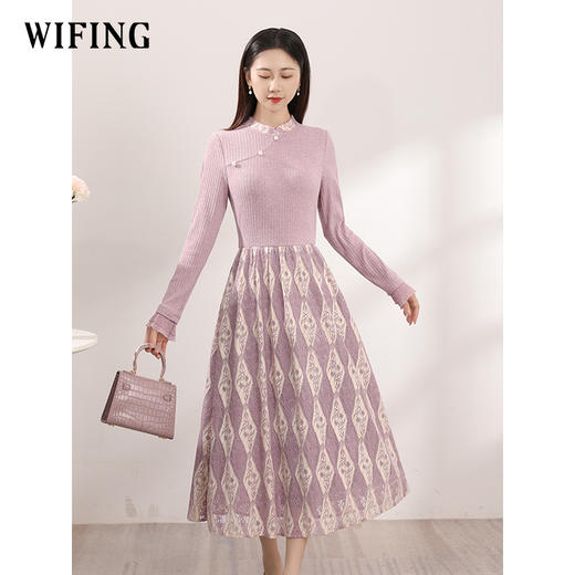 粉色蕾丝拼接连衣裙新款女装气质高腰假两件裙子打底裙 商品图2