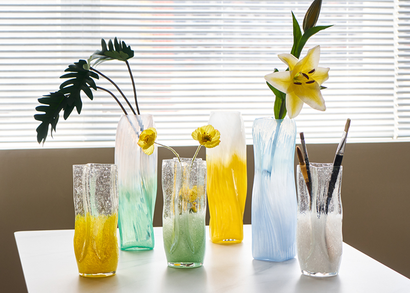 北欧风直筒渐变方口幻彩玻璃花瓶创意五角星口气泡瓶鲜花客厅装饰