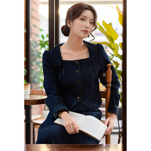 9/10奢姿大码女装2024秋季气质方领牛仔两件套胖妹妹系带设计时尚套装9943834075 商品图2