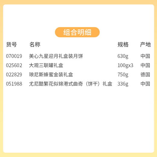 【礼遇中秋组合装】美心九星迎月月饼630g*大观三联罐礼盒300g*琅尼斯蜂蜜金装礼盒750g*尤尼酷繁花似锦港式曲奇礼盒336g/070019*025602*022829*051988 商品图1