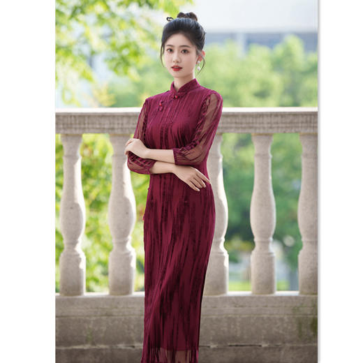 中国风植绒弹力，提花长款复古旗袍GX-281915 商品图3