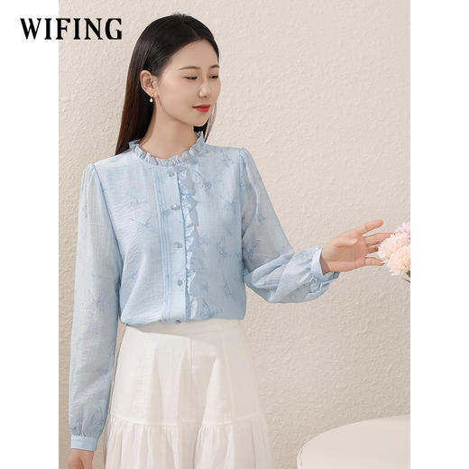 蓝色天丝上衣春季新款衬衫今年流行漂亮百搭小衫 商品图1