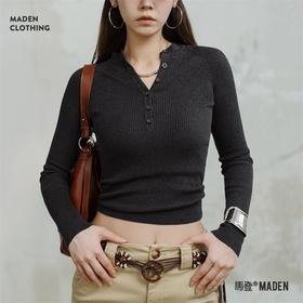马登竖条纹肌理针织长袖亨利衫弹力修身日常百搭T恤纯色打底衫春秋女