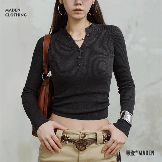 马登竖条纹肌理针织长袖亨利衫弹力修身日常百搭T恤纯色打底衫春秋女 商品图0