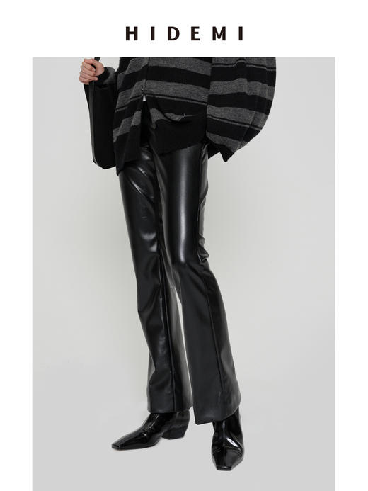 HIDEMI 超显瘦中低腰款弹力可再生蛋白皮环保皮喇叭收身款九分裤皮裤 商品图3