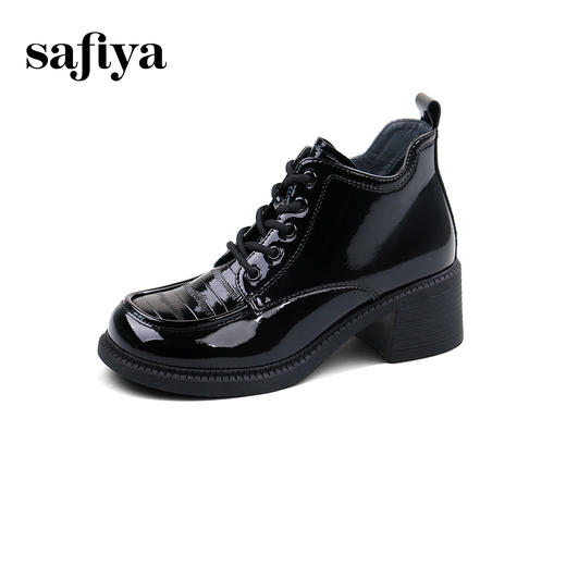 Safiya/索菲娅2024 英伦风圆头漆皮亮面时尚百搭系带粗跟踝靴马丁靴 SF43112047 商品图6