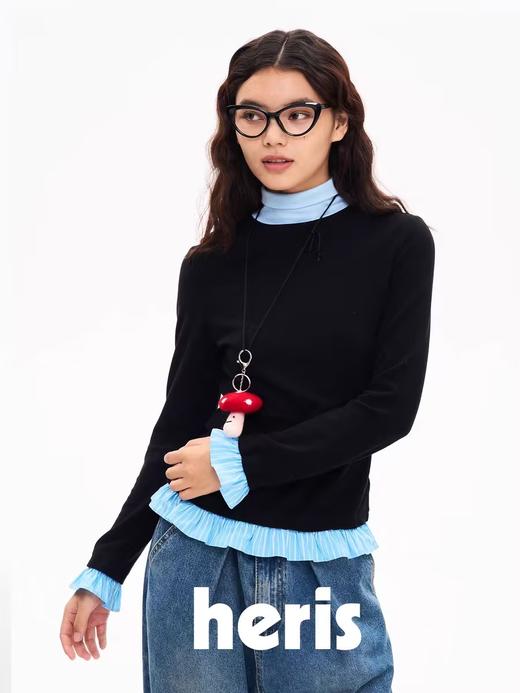 heris/H43119/撞色花边半高领上衣 商品图0