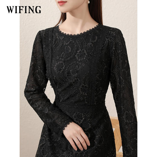 未风黑色蕾丝连衣裙女2024秋季新款女装气质名媛高腰显瘦减龄裙子 商品图3