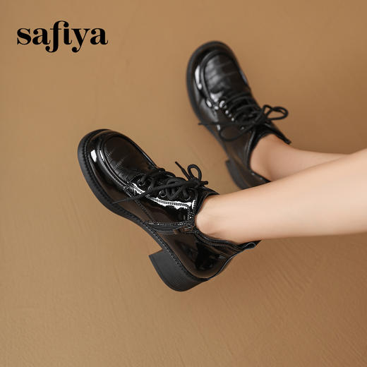 Safiya/索菲娅2024 英伦风圆头漆皮亮面时尚百搭系带粗跟踝靴马丁靴 SF43112047 商品图4