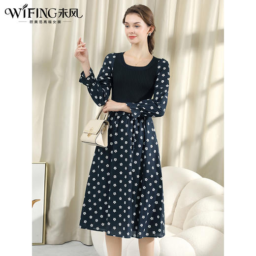 未风黑色针织棉布连衣裙女秋2024秋季新款女装气质显瘦假两件裙子 商品图0