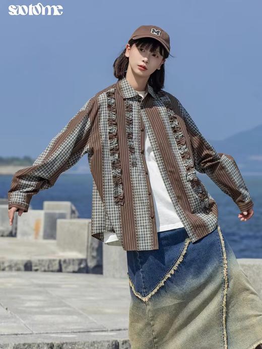 早乙女惠子saotome/STMCS243157/不规则条格木耳边长袖衬衫 商品图2