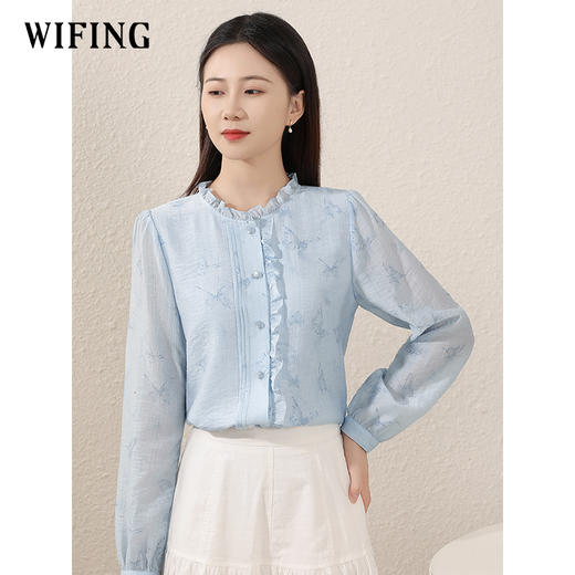 蓝色天丝上衣春季新款衬衫今年流行漂亮百搭小衫 商品图0