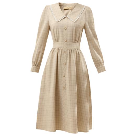 勿忘花卡其色气质娃娃领格子连衣裙女2025春季新款减龄小个子裙子 商品图4