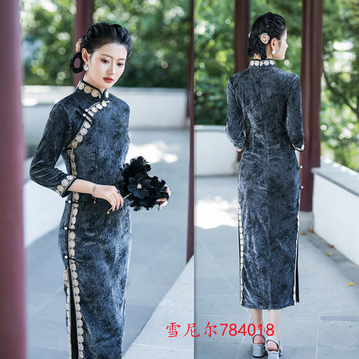 GX军阀阔太太长款雪尼尔七分袖旗袍2024秋季新款复古国风旗袍连衣裙 商品图2