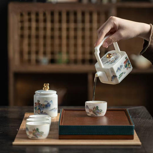 【经典】四方提梁羊脂玉瓷茶具（一罐一壶四杯） 商品图2