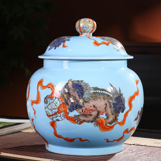 湖水蓝地古彩描金事事如意纹盖罐 商品图2