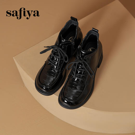 Safiya/索菲娅2024 英伦风圆头漆皮亮面时尚百搭系带粗跟踝靴马丁靴 SF43112047 商品图5