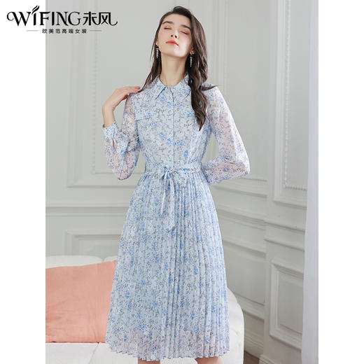 未风蓝色雪纺碎花连衣裙女早秋2024秋季新款气质显瘦娃娃领百褶裙 商品图2