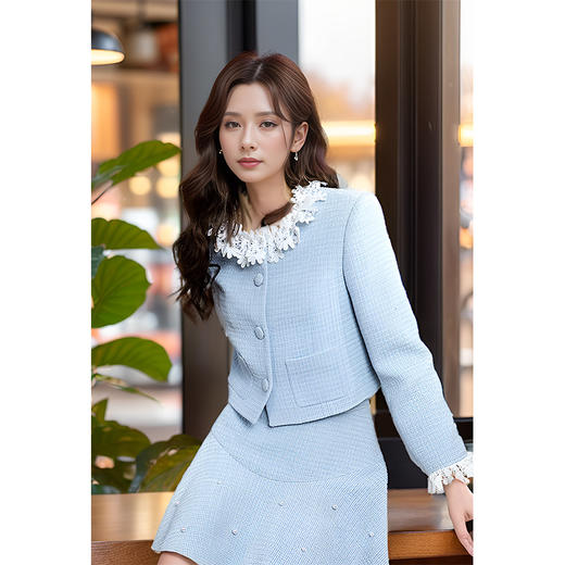 9/10奢姿大码女装2024秋季减龄花边小香风两件套胖妹妹钉珠时尚套装9943934073 商品图2