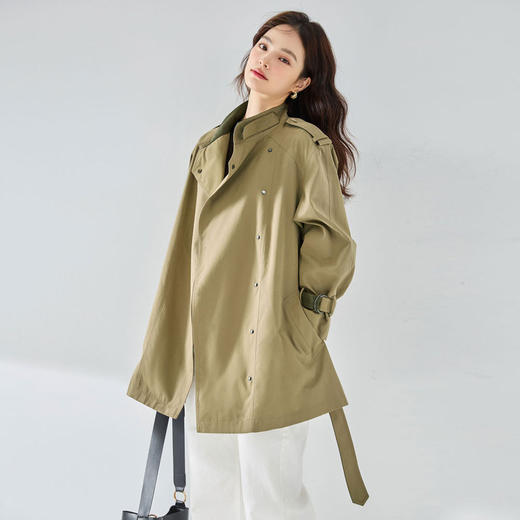 24秋新不易皱绒感拼皮通勤休闲帅气垂顺立领短款风衣外套女23067 商品图3