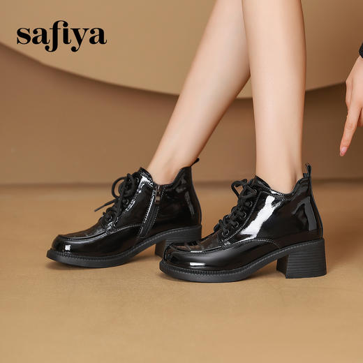Safiya/索菲娅2024 英伦风圆头漆皮亮面时尚百搭系带粗跟踝靴马丁靴 SF43112047 商品图3