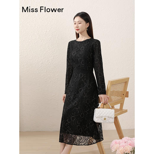 勿忘花蕾丝连身裙正式场合气质裙子2024秋新款女装长袖黑色连衣裙 商品图2