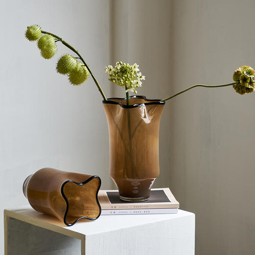 中古风黑边创意褶皱手工大口咖色瓷粉琉璃花瓶玄关居家台面样板房 商品图0