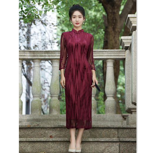 中国风植绒弹力，提花长款复古旗袍GX-281915 商品图2