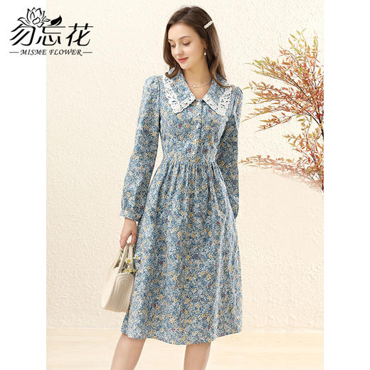 勿忘花纯棉碎花复古娃娃领连衣裙女2025春季新款小个子裙子 商品图0