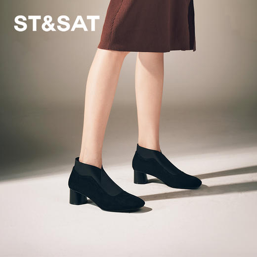 星期六简约素面弹力中粗跟踝靴SSC4116223 商品图1