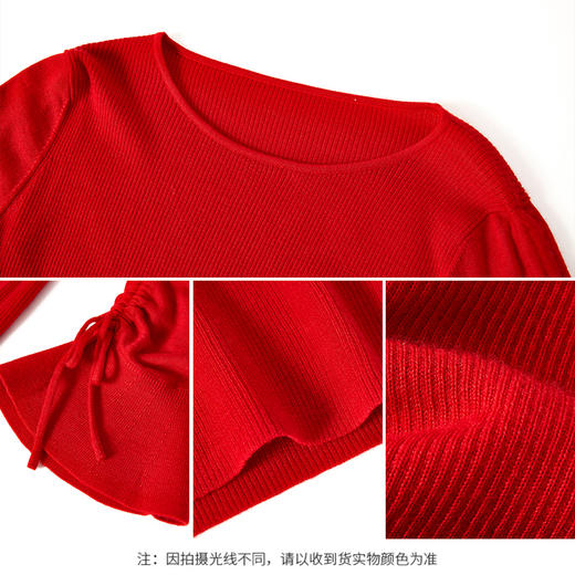 【商场同款】CNK4996“法式浪漫毛衫”  喜庆中国红 一字领展现颈部线条 袖口抽绳可自由调节造型状态 软糯亲肤 显瘦毛衣 商品图3