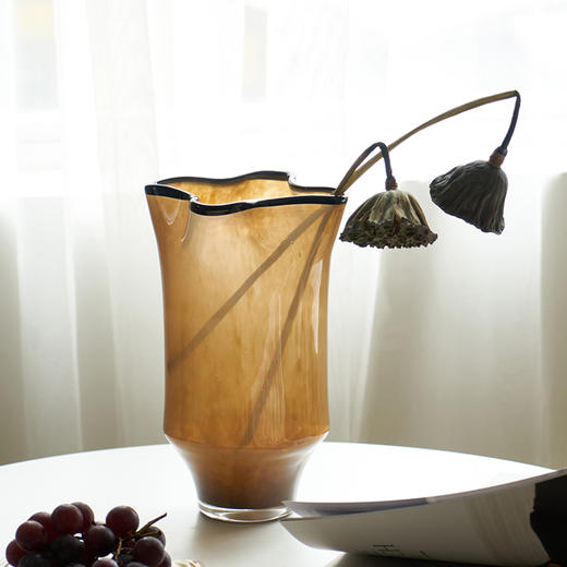 中古风黑边创意褶皱手工大口咖色瓷粉琉璃花瓶玄关居家台面样板房 商品图9