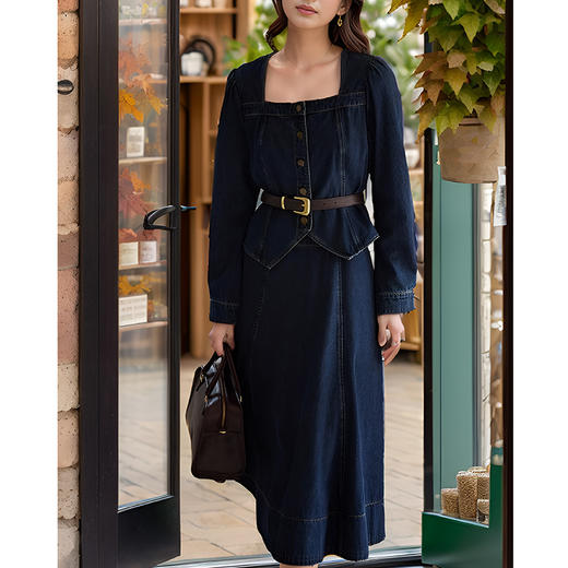 9/10奢姿大码女装2024秋季气质方领牛仔两件套胖妹妹系带设计时尚套装9943834075 商品图1