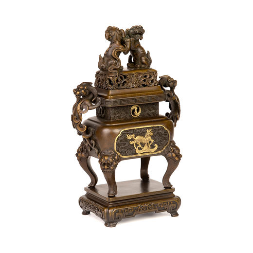 吉祥古法香炉 带座螭龙耳双狮戏球熏炉 商品图0