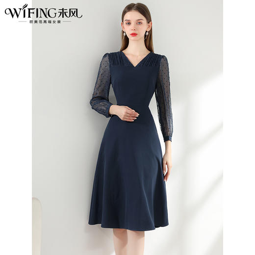 未风蓝色V领连衣裙女秋2025年春季新款女装气质显瘦长袖减龄裙子 商品图3