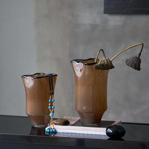 中古风黑边创意褶皱手工大口咖色瓷粉琉璃花瓶玄关居家台面样板房 商品图7