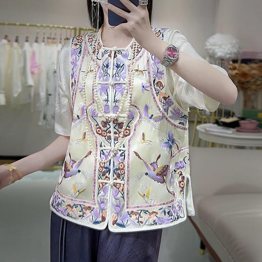 KDS-2526新中式醋酸马甲2024年秋季新款高档女装无袖刺绣盘扣上衣 商品图2