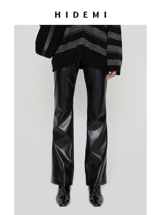 HIDEMI 超显瘦中低腰款弹力可再生蛋白皮环保皮喇叭收身款九分裤皮裤 商品图0