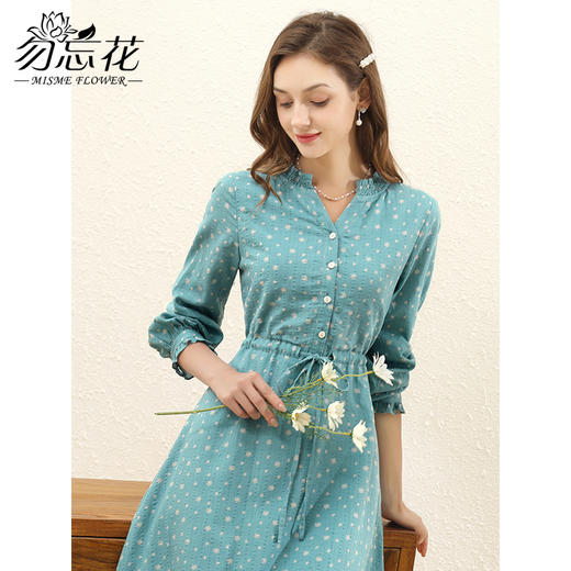勿忘花绿色纯棉碎花气质连衣裙女秋季2024新款温柔风长袖显瘦裙子 商品图1